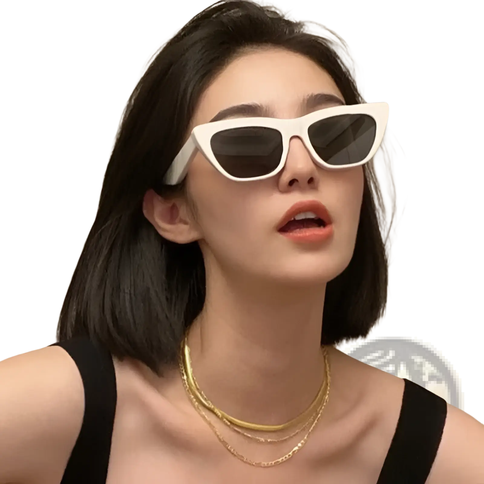 White cat-eye sunglasses with dark lenses featuring vintage tortoiseshell acetate frame detail