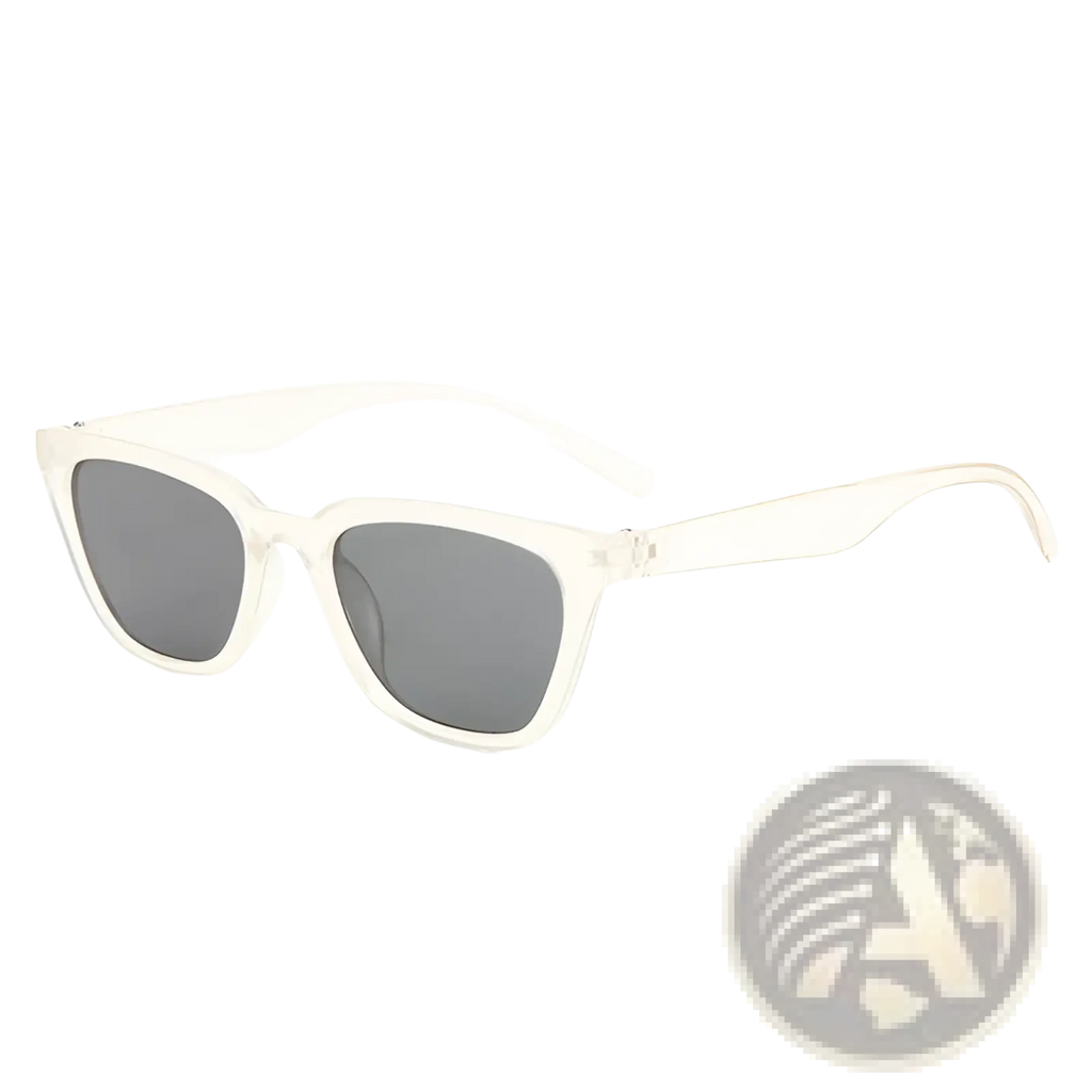 Vintage cat eye acetate sunglasses with clear frames and dark gray mirrored lenses for stylish sun protection
