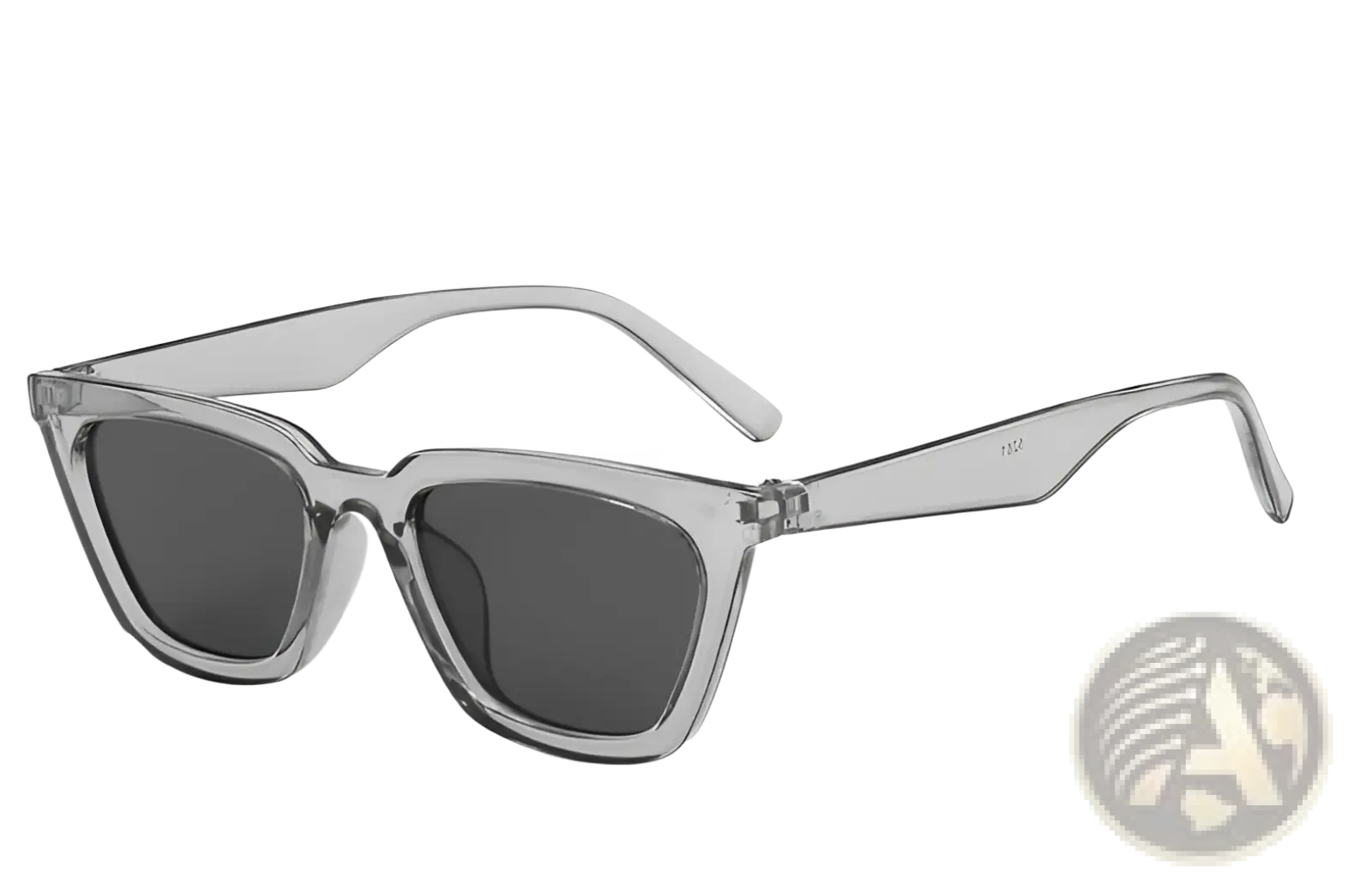Clear acetate sunglasses with dark gray lenses and a modern rectangular frame in vintage cat eye tortoiseshell style