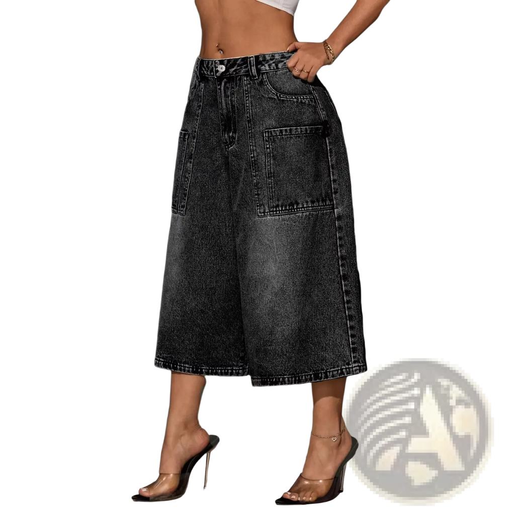 Vintage denim bermuda shorts wide leg mid waist in high waisted black faded wash denim with large front pockets