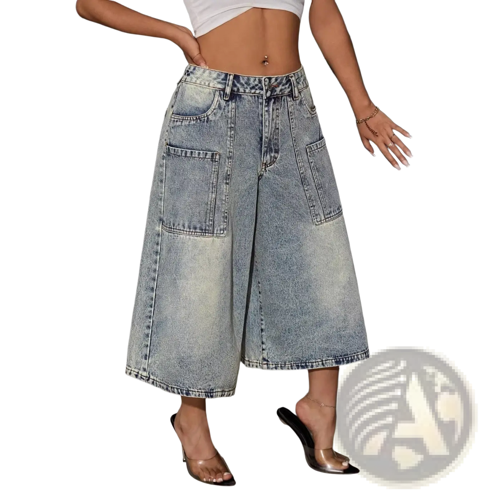 Vintage denim bermuda shorts wide leg mid waist in light faded blue wash with large patch pockets and button fly