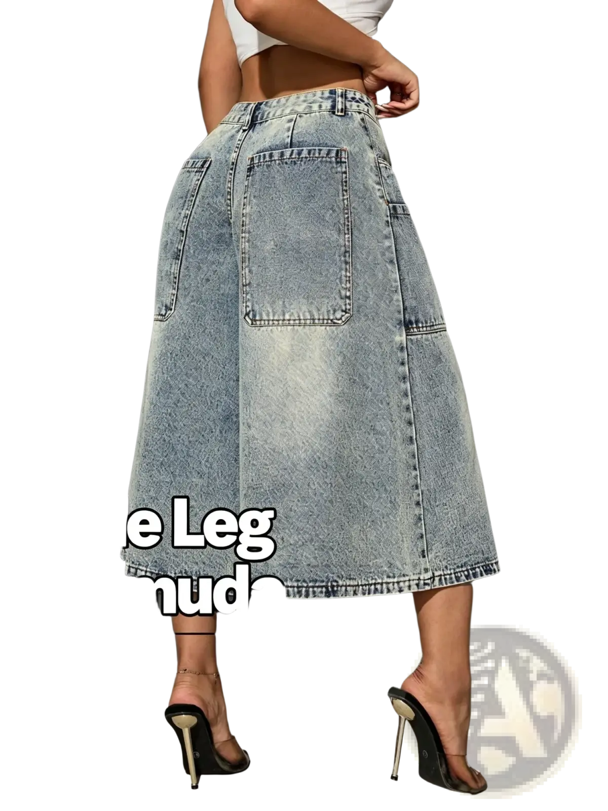 Light-wash denim vintage bermuda shorts wide leg with mid waist and relaxed flowing silhouette with visible stitching