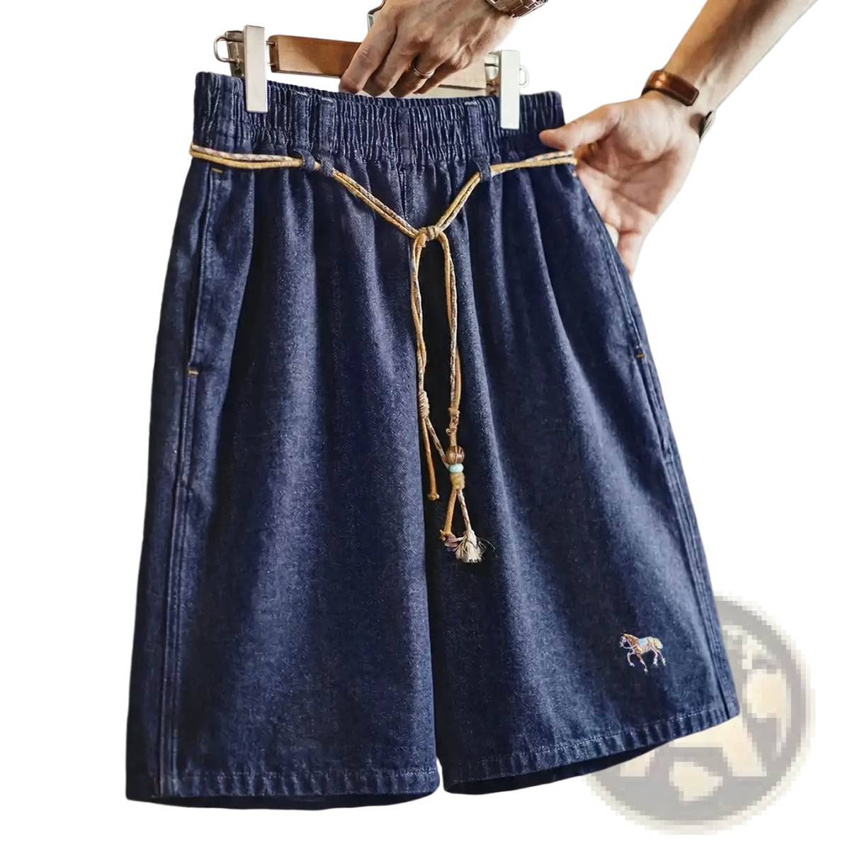 Dark blue denim shorts for men with a drawstring waistband and a small embroidered horse on the side