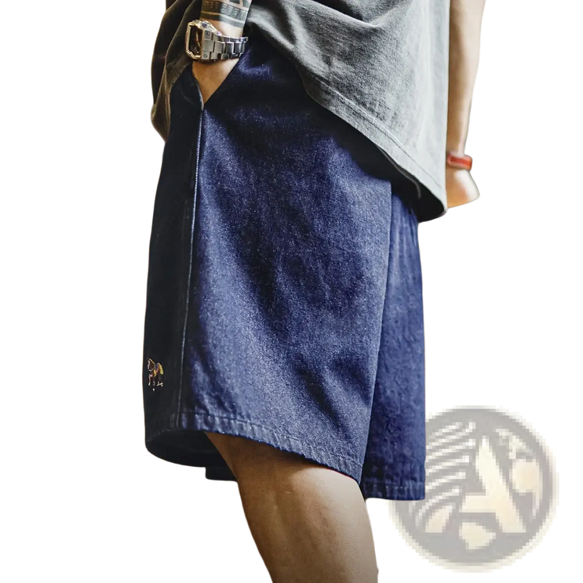 Dark blue vintage embroidered denim shorts for men featuring a small horse embroidery on the side seam