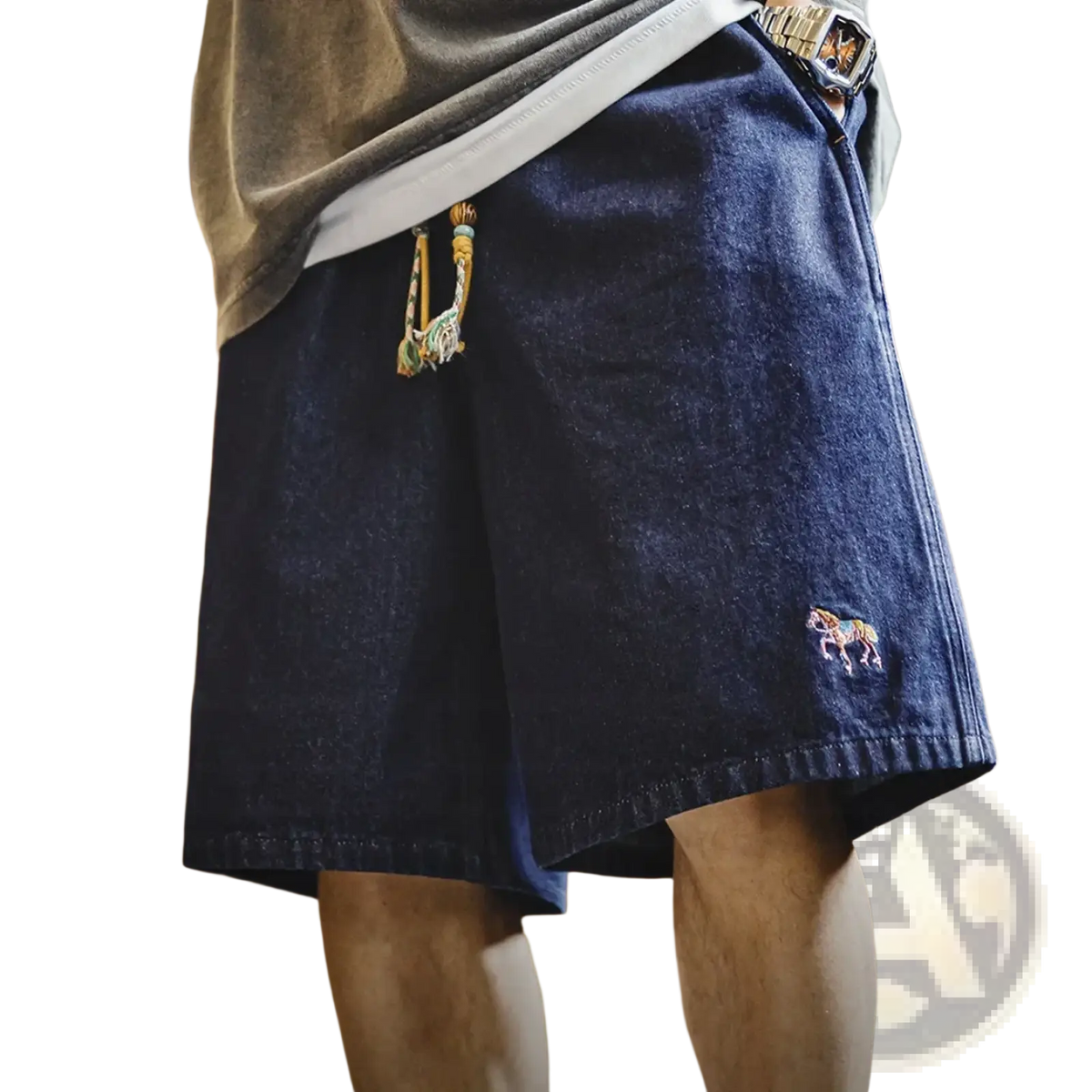 Dark blue denim shorts for men with a small embroidered horse detail on the lower leg vintage style