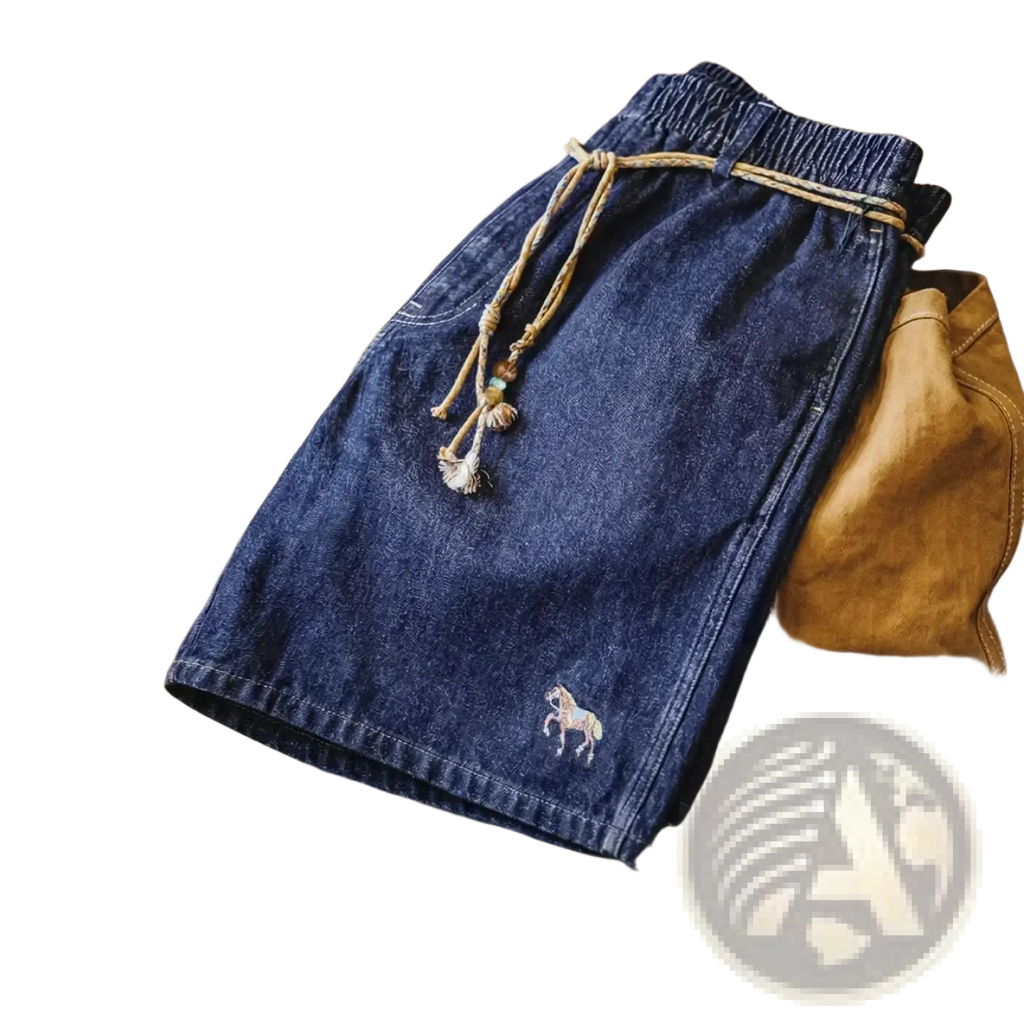 Vintage embroidered denim shorts for men featuring a drawstring waist and embroidered horse detail in blue denim