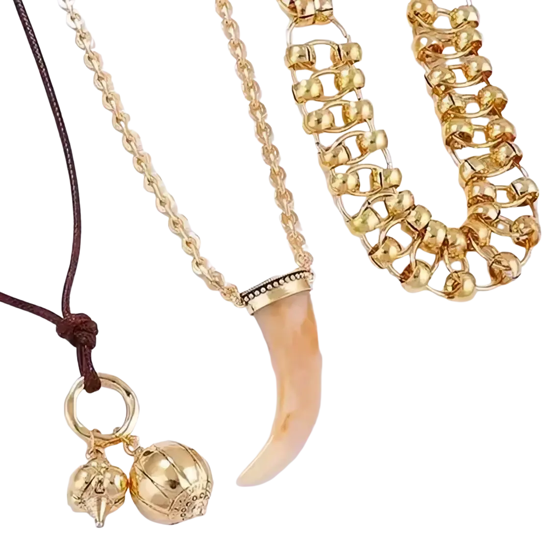 Vintage ethnic layered pendant necklace for women featuring a gold-toned chain and ivory-colored tusk pendant with beads