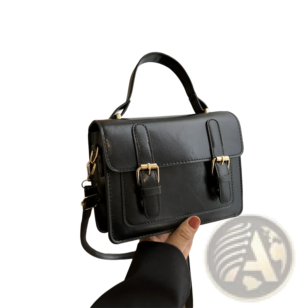 Black leather vintage satchel with gold-tone buckles and a top handle made of faux leather