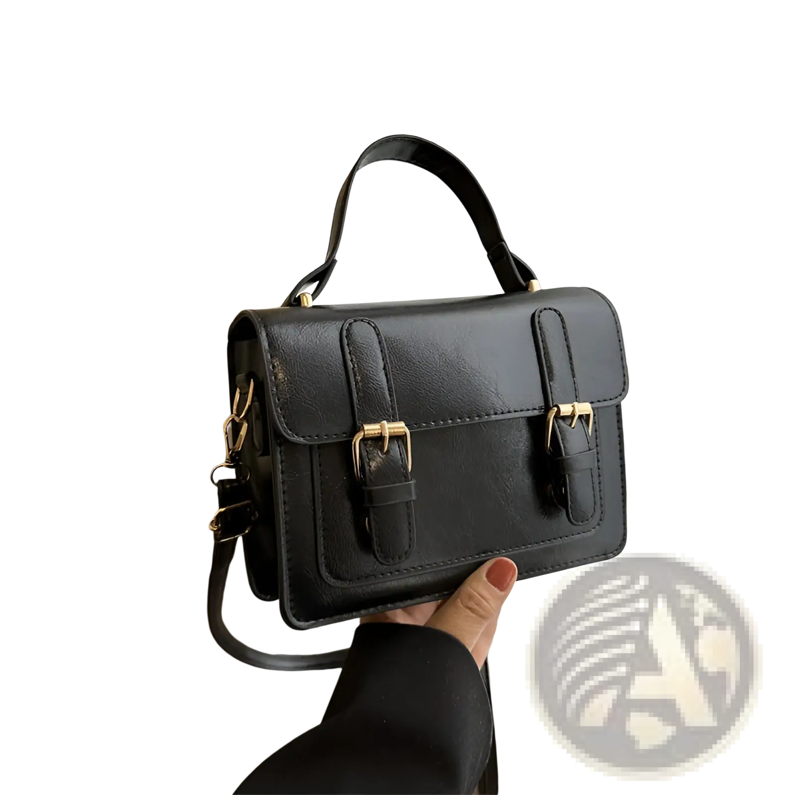 Black leather vintage satchel with gold-tone buckles and a top handle made of faux leather