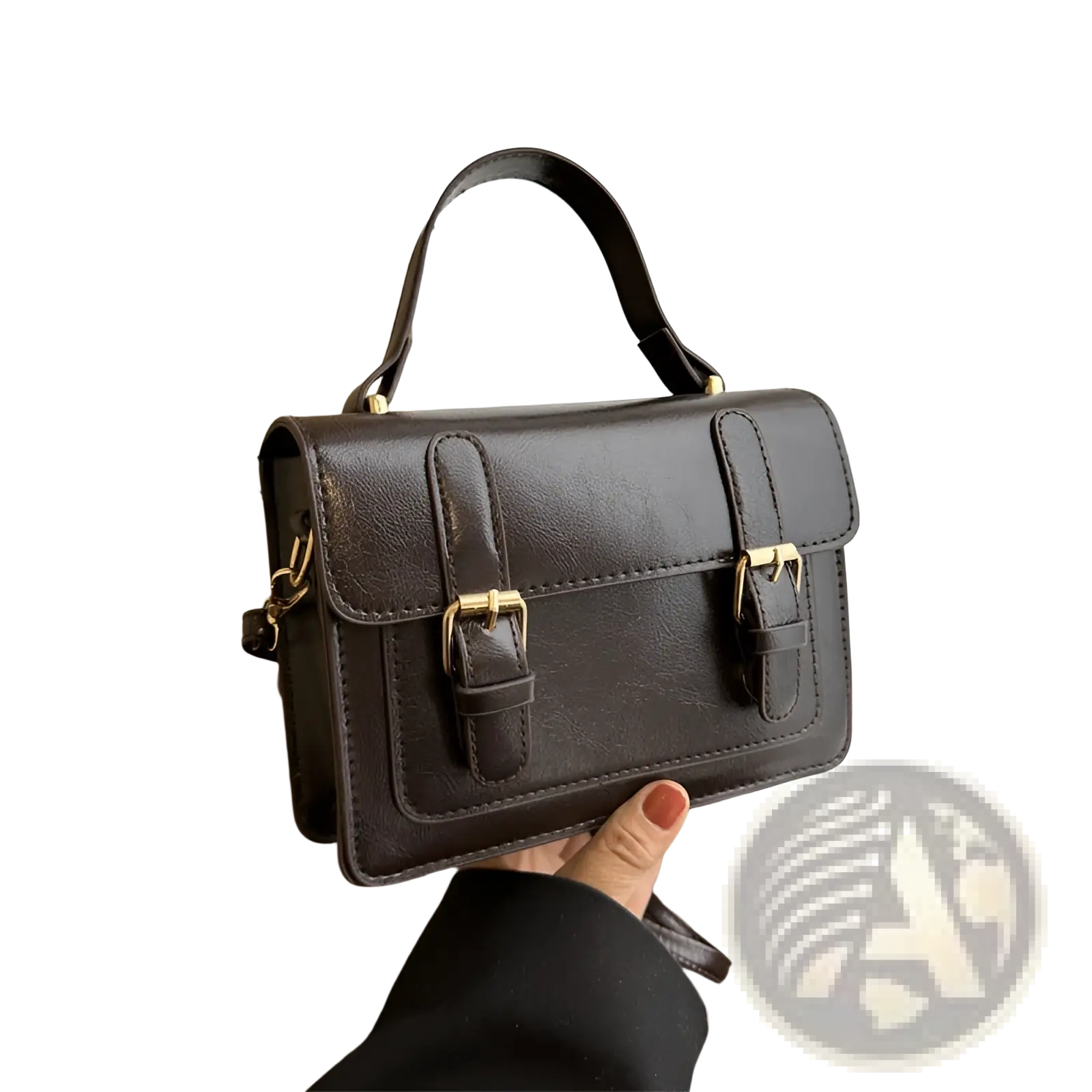 Vintage dark brown faux leather satchel with gold tone buckles and a top handle for elegant carrying
