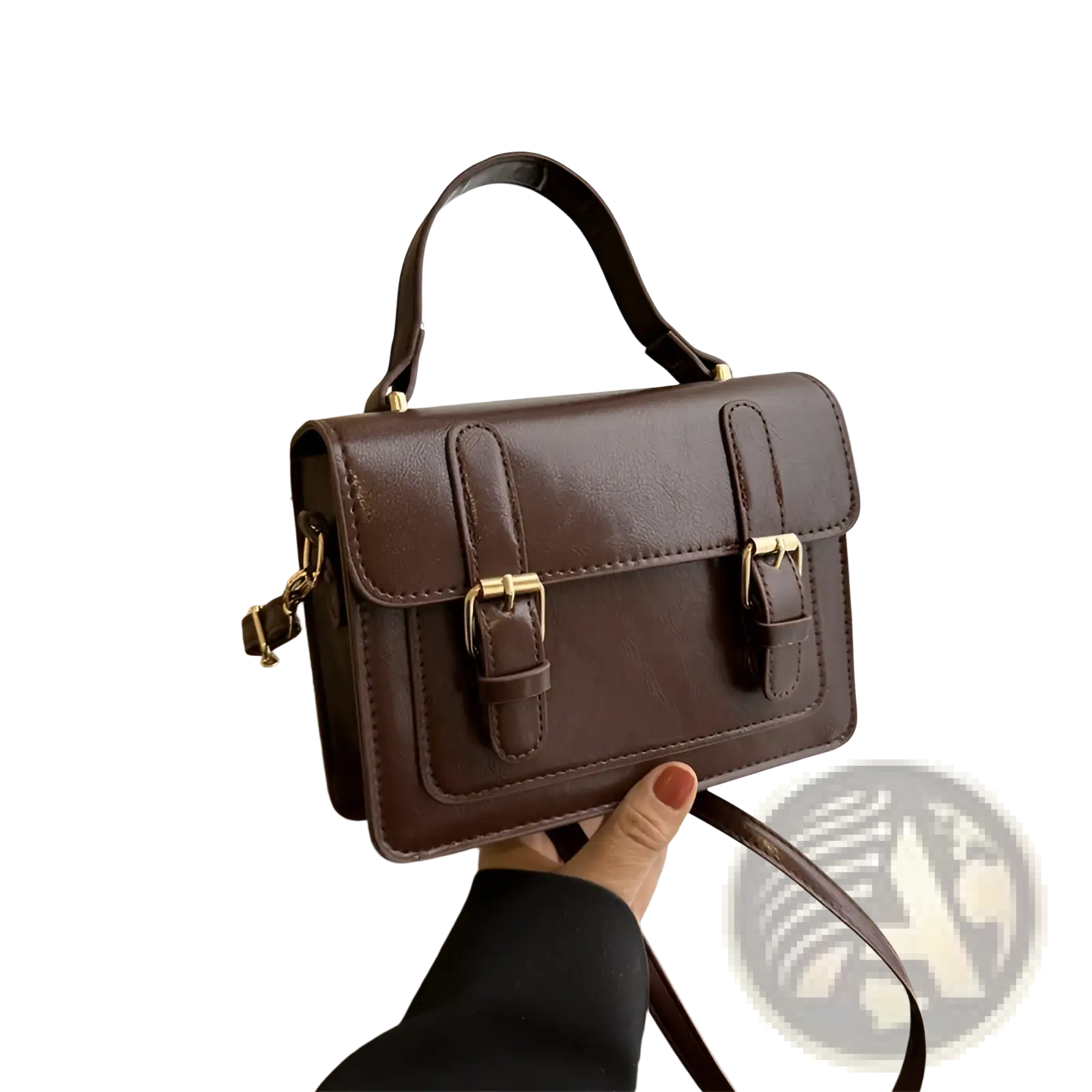 Vintage brown faux leather satchel with gold-tone buckles and a top handle for stylish everyday use