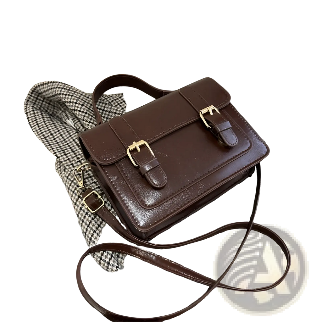 Brown vintage faux leather satchel with gold-tone buckles and detachable strap for versatile carrying