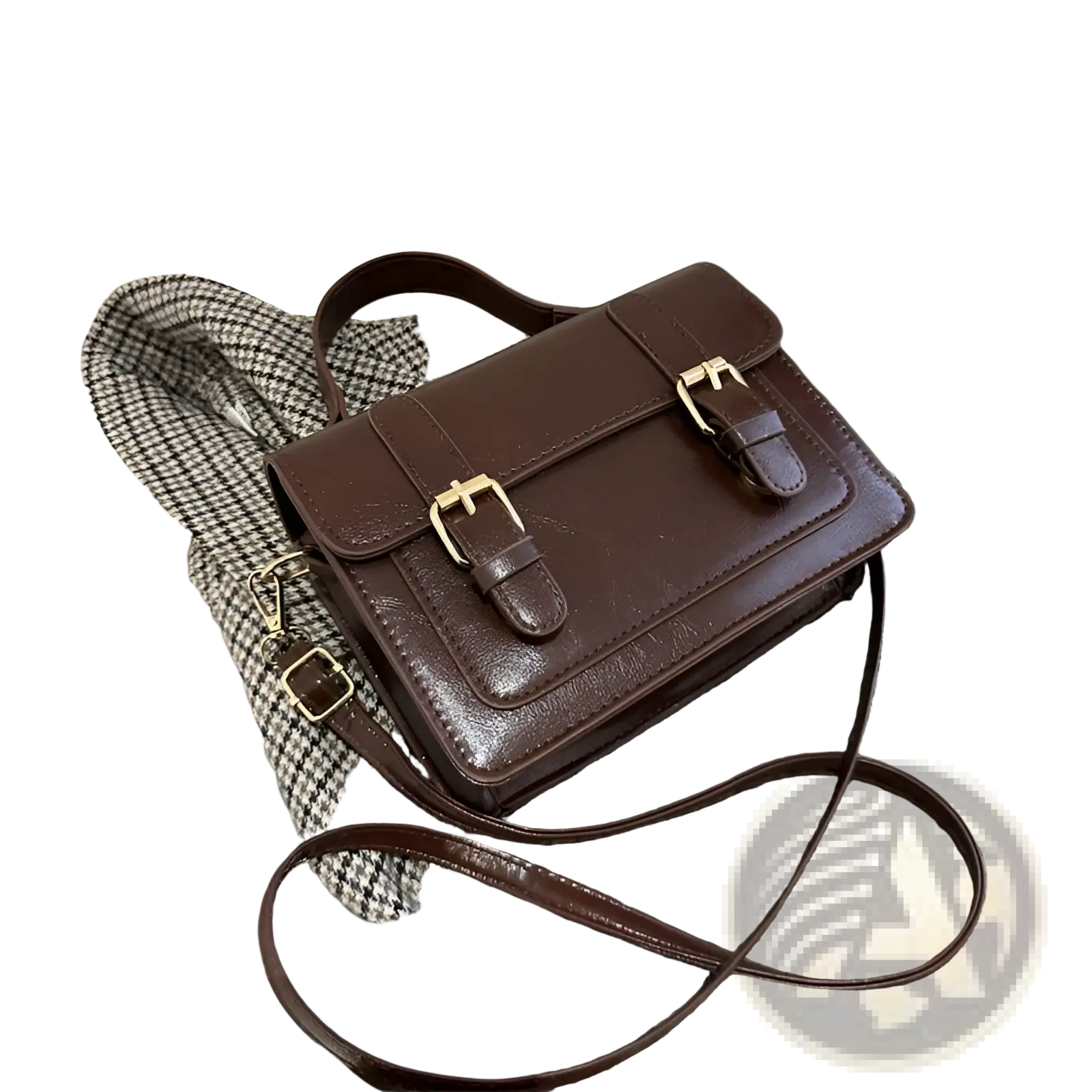 Brown vintage faux leather satchel with gold-tone buckles and detachable strap for versatile carrying