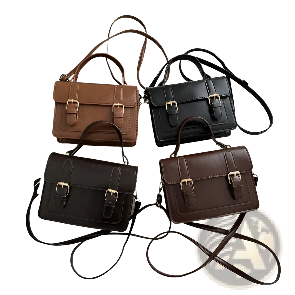 Four vintage faux leather satchels in brown black and dark chocolate tones with gold-tone buckles on front sides