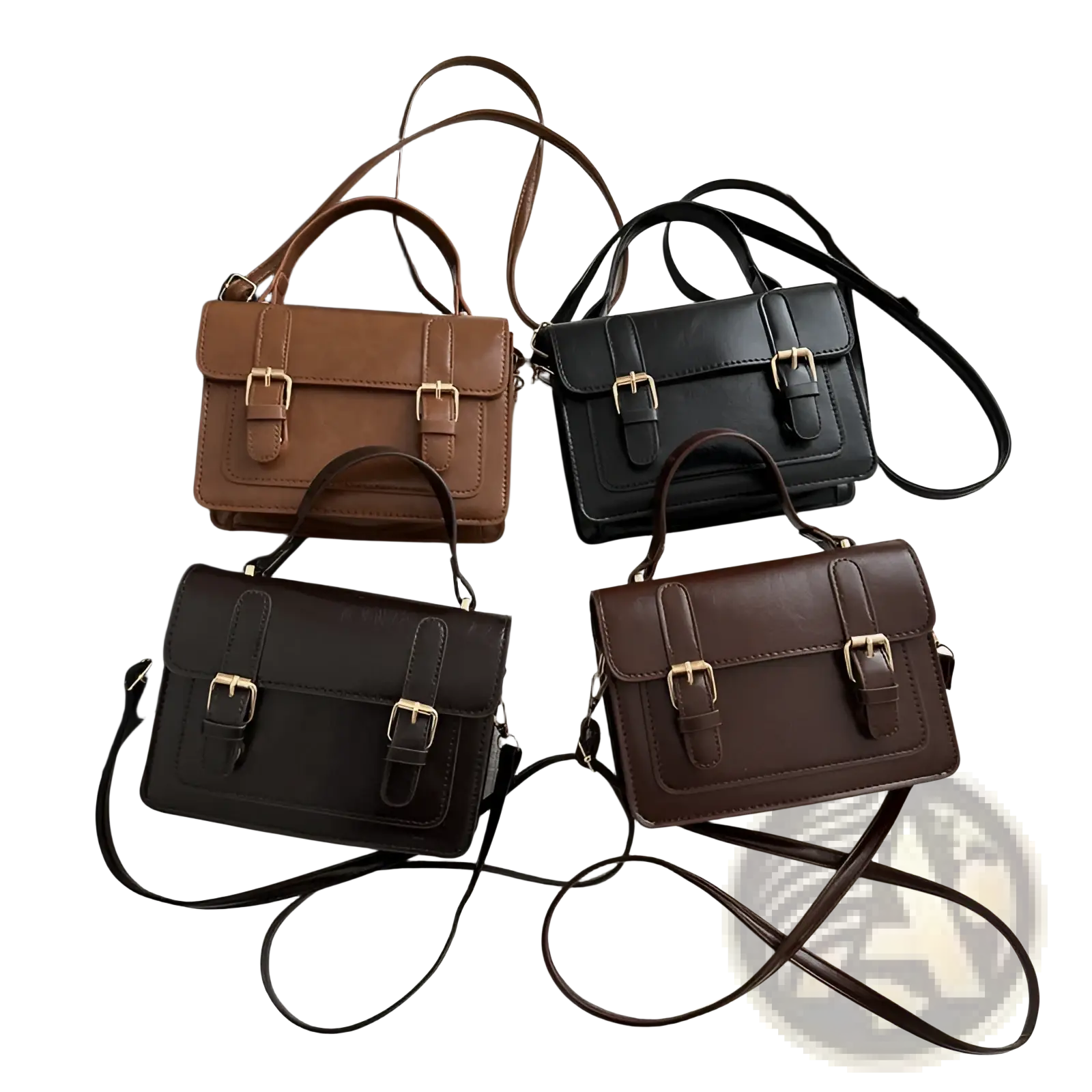Four vintage faux leather satchels in brown black and dark chocolate tones with gold-tone buckles on front sides