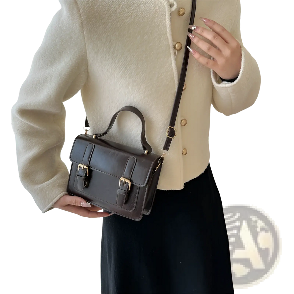 Dark brown vintage faux leather satchel with gold-tone buckles and a top handle for stylish carrying