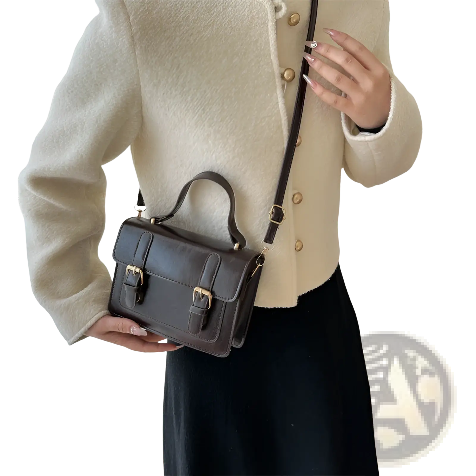 Dark brown vintage faux leather satchel with gold-tone buckles and a top handle for stylish carrying