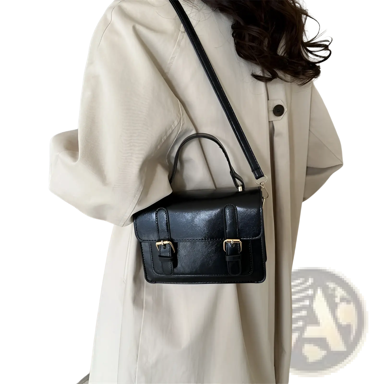 Black leather vintage faux leather satchel with gold-tone buckles and a top handle for stylish carrying