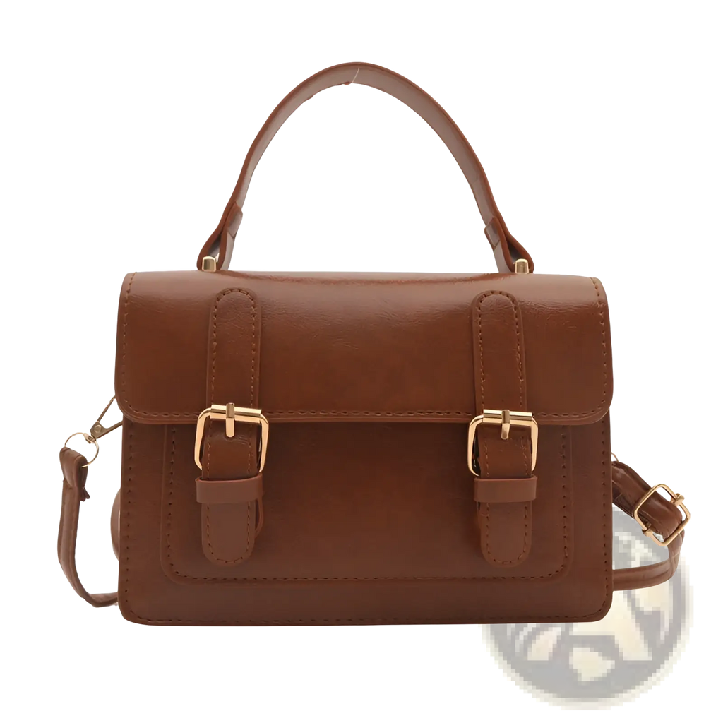 Vintage faux leather satchel in brown with gold-tone buckles and a top handle for stylish carrying