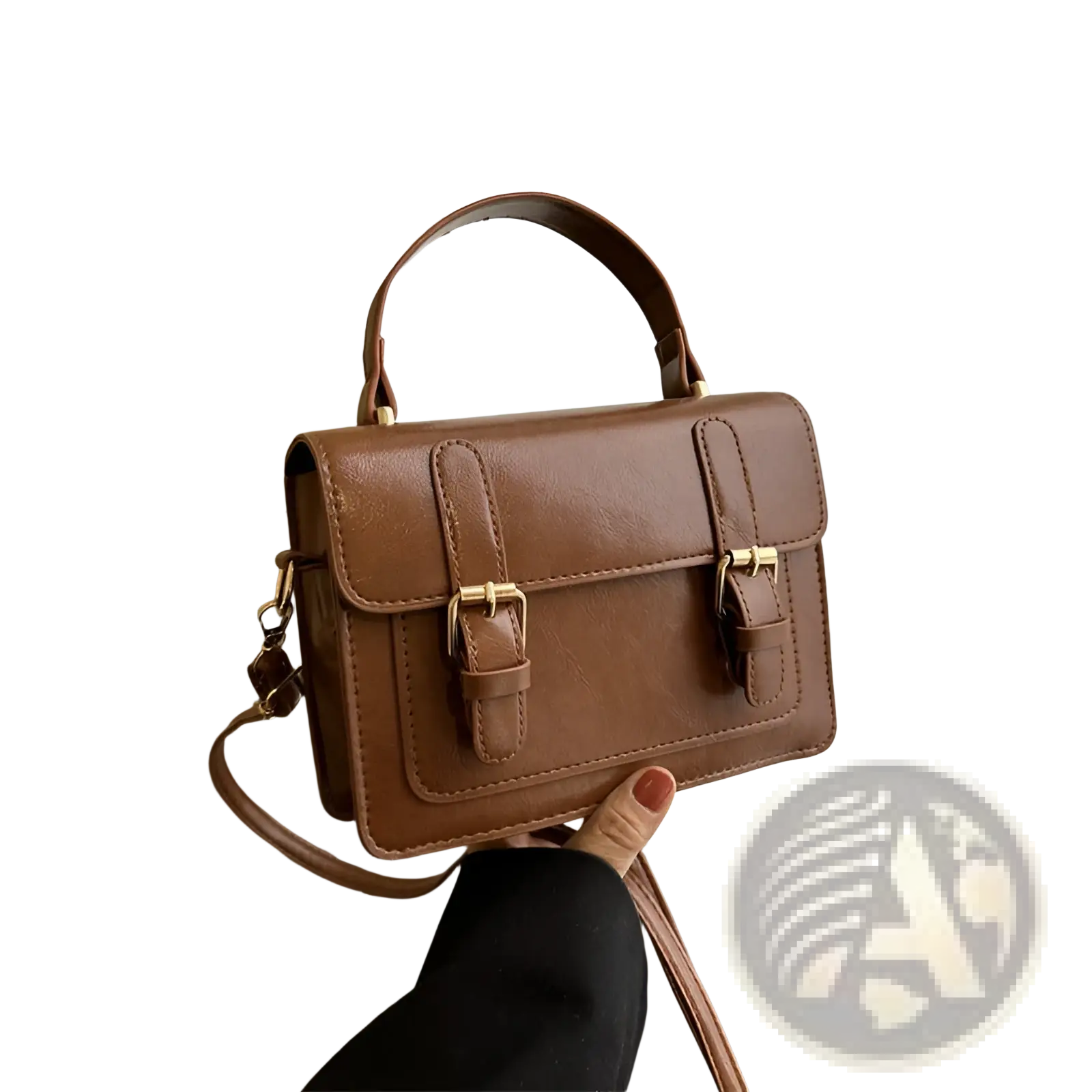 Vintage brown faux leather satchel with gold-tone buckles and a top handle for stylish everyday use
