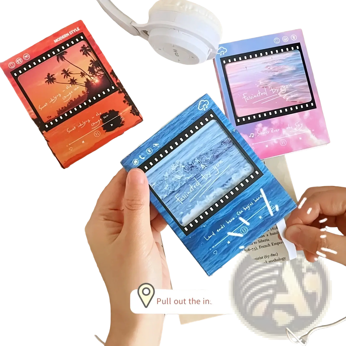 Vintage filmstrip cassette music greeting card featuring a blue tape with ocean scene and white text design