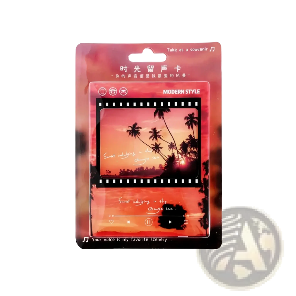 Vintage filmstrip cassette music greeting card featuring a pink and black sound card design with tropical sunset and palm trees