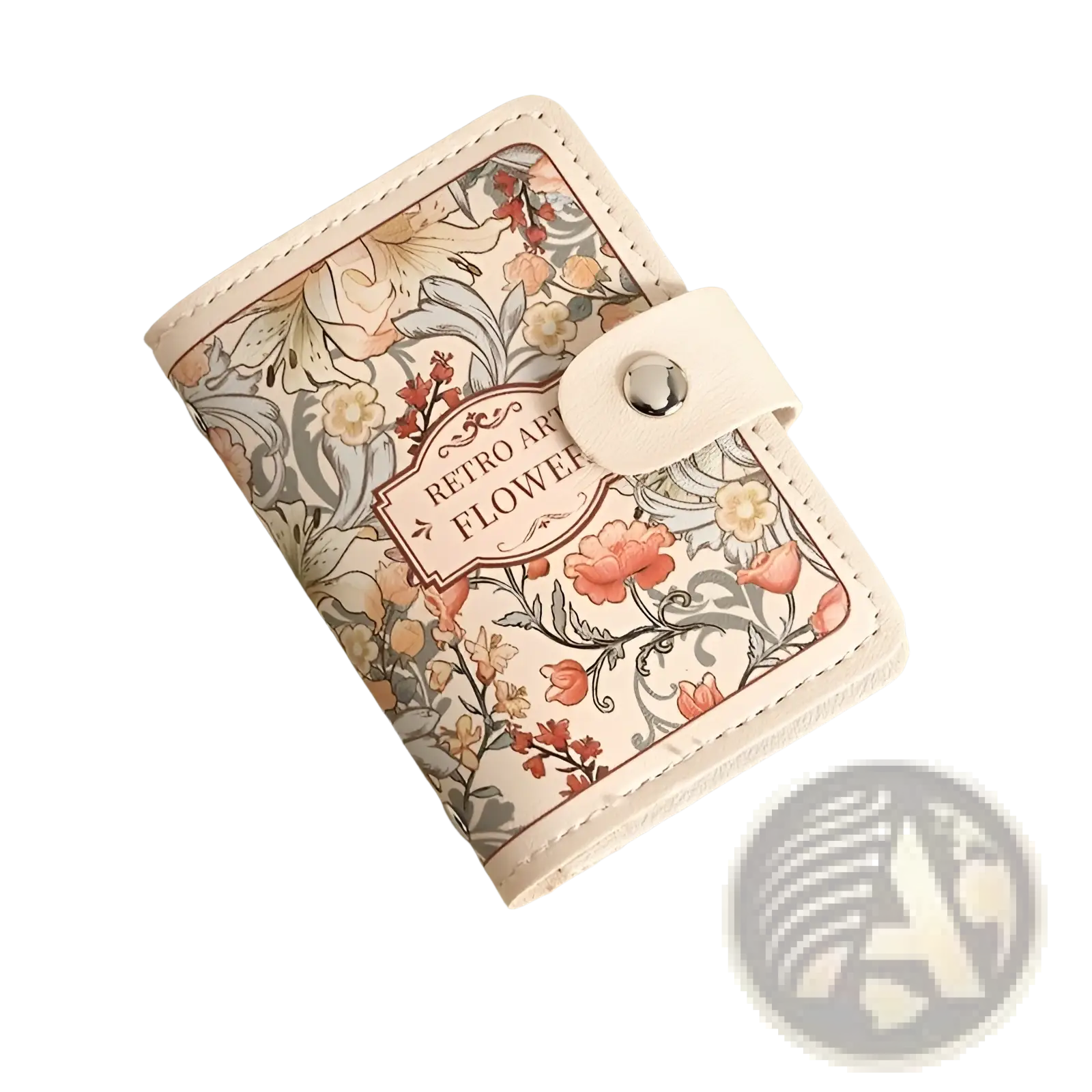 A cream-colored vintage floral leather mini wallet with soft pink orange and muted green patterns for card holding