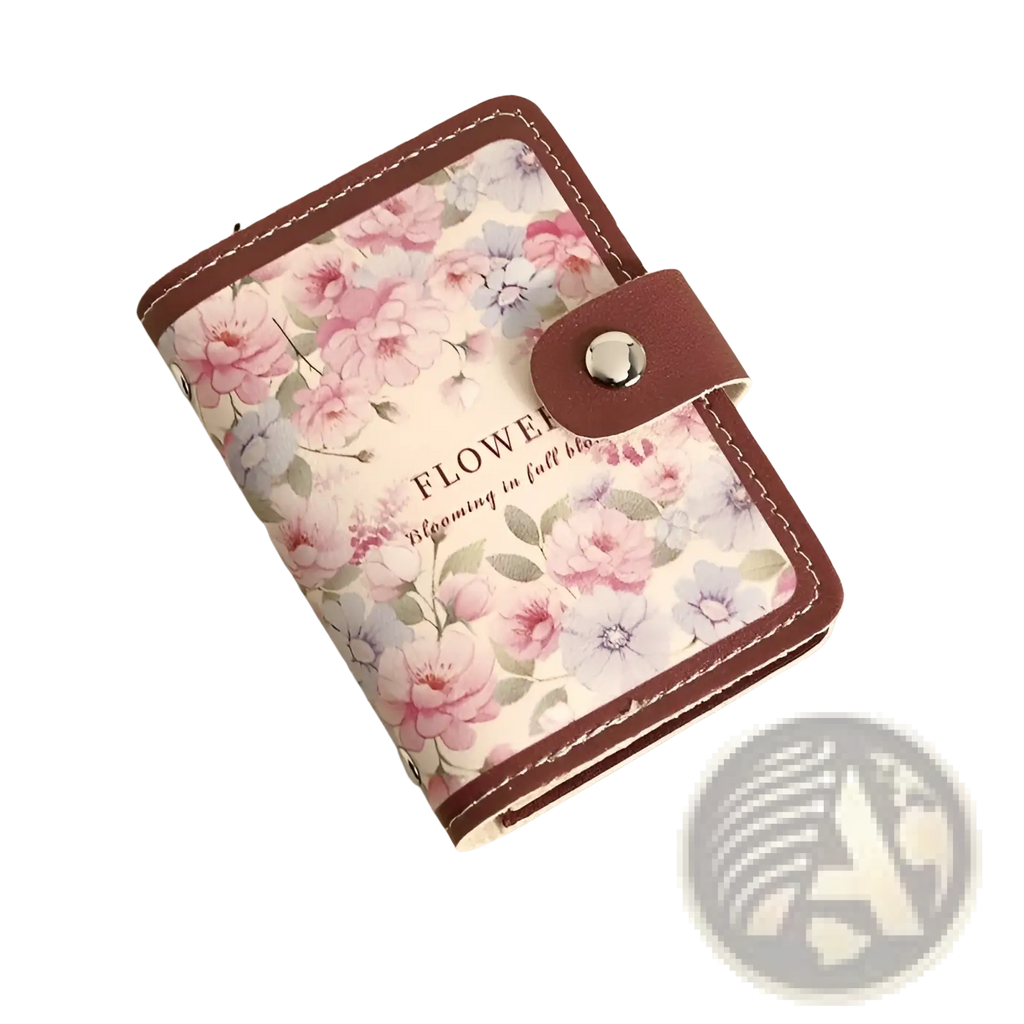 Vintage floral leather card holder wallet featuring cream background with pink and lavender blossoms and brown trim