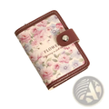Vintage floral leather card holder wallet featuring cream background with pink and lavender blossoms and brown trim