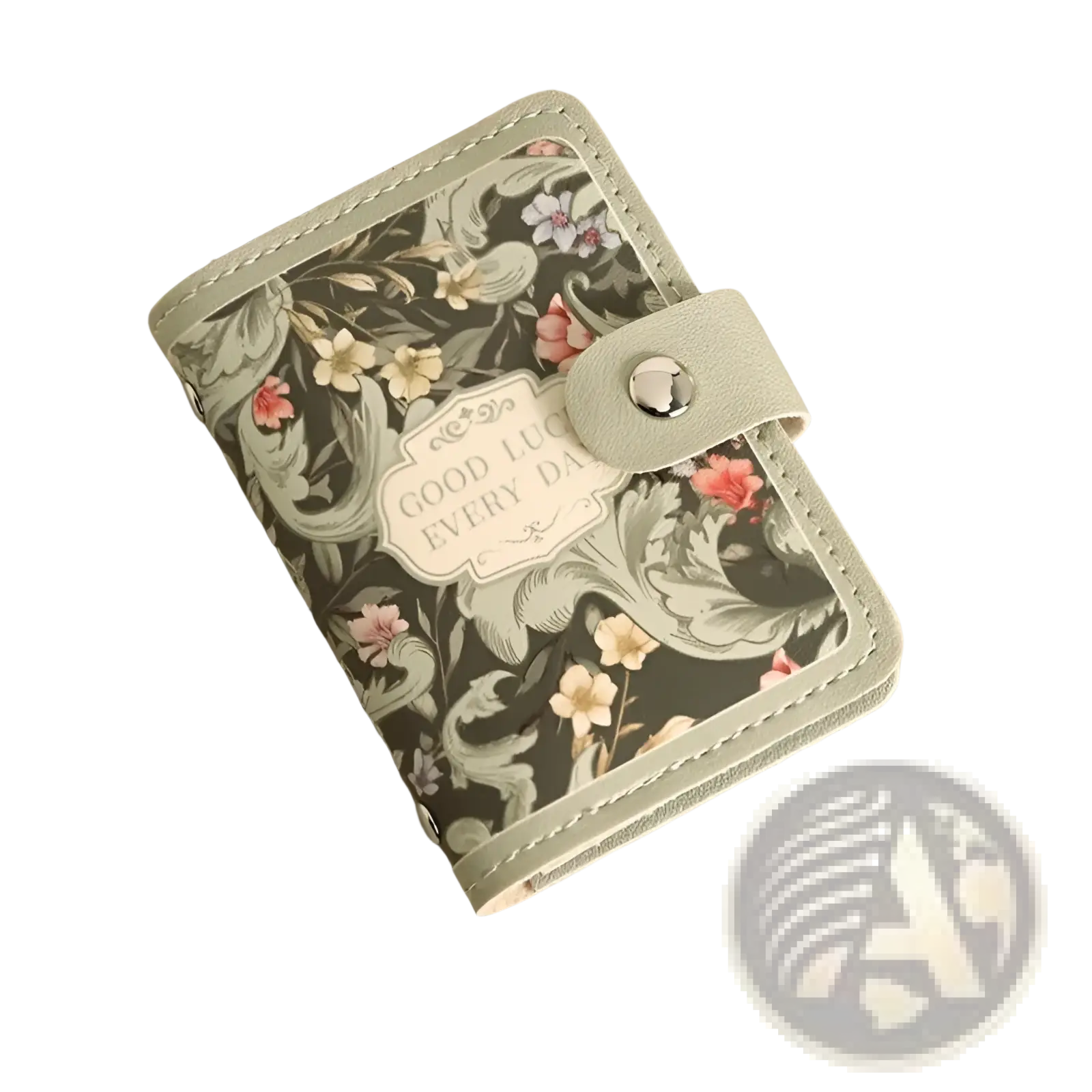 Vintage floral leather card holder wallet in soft sage green with delicate floral pattern and silver snap closure