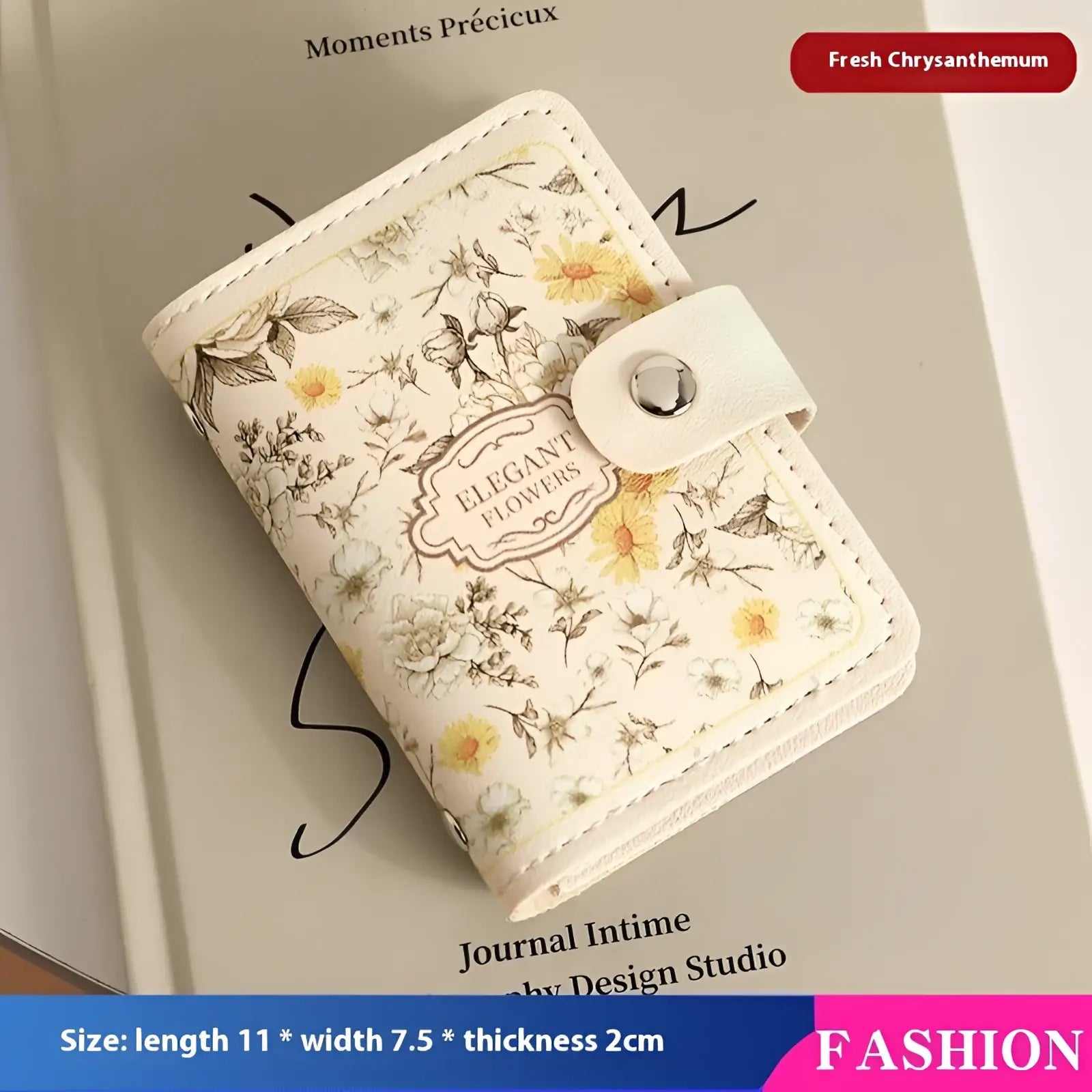 Vintage floral leather card holder wallet in cream with stitched edges and yellow beige blossom pattern closure