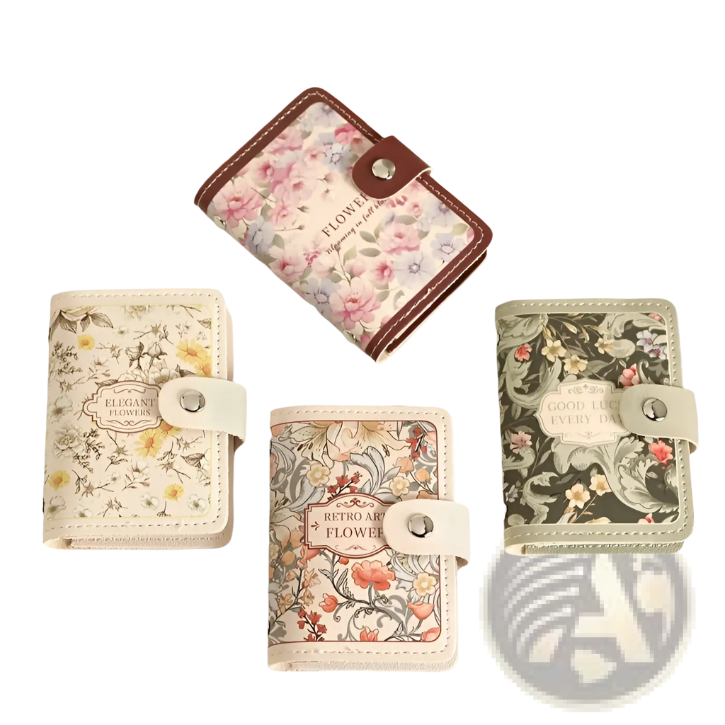 Vintage floral leather card holder wallet in mini size with brown leather flap and silver-toned snap closure