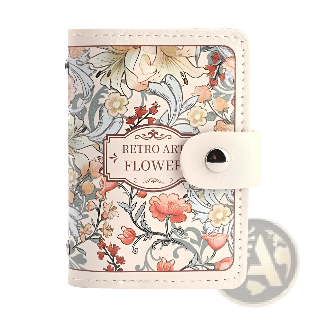 A cream-colored leather vintage floral card holder wallet with pink orange and gray blossoms and leaves pattern