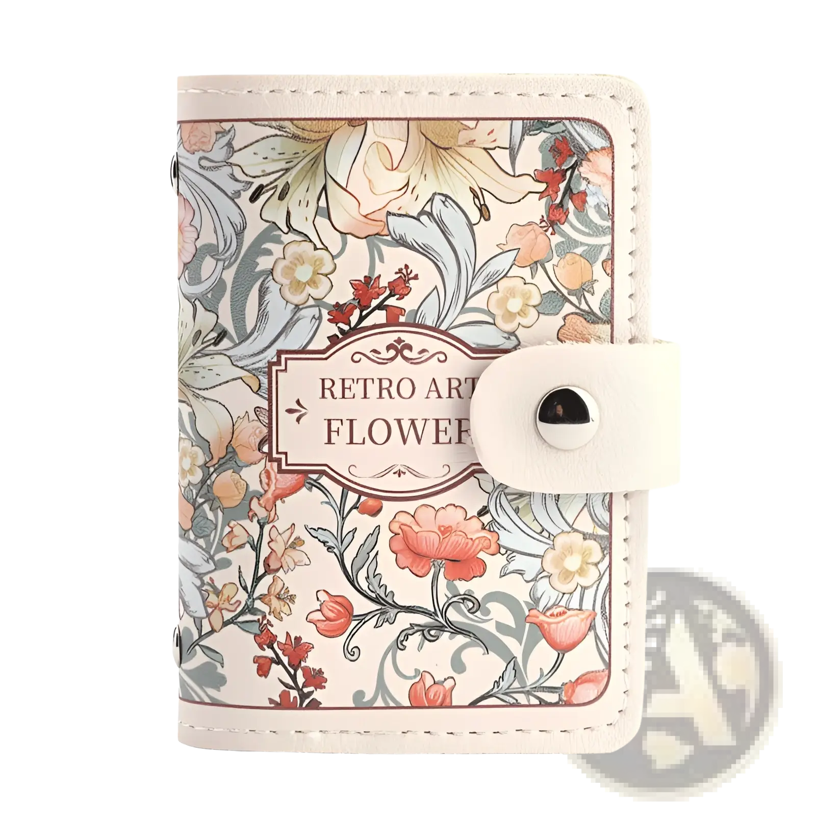 A cream-colored leather vintage floral card holder wallet with pink orange and gray blossoms and leaves pattern