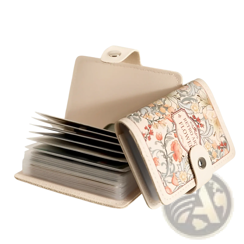 Beige leather vintage floral card holder wallet with delicate peach and cream floral pattern and elegant design