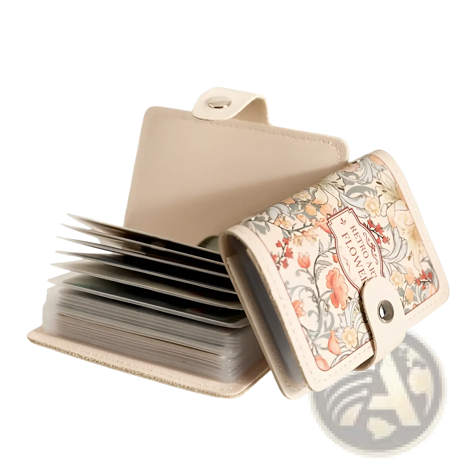 Beige leather vintage floral card holder wallet with delicate peach and cream floral pattern and elegant design