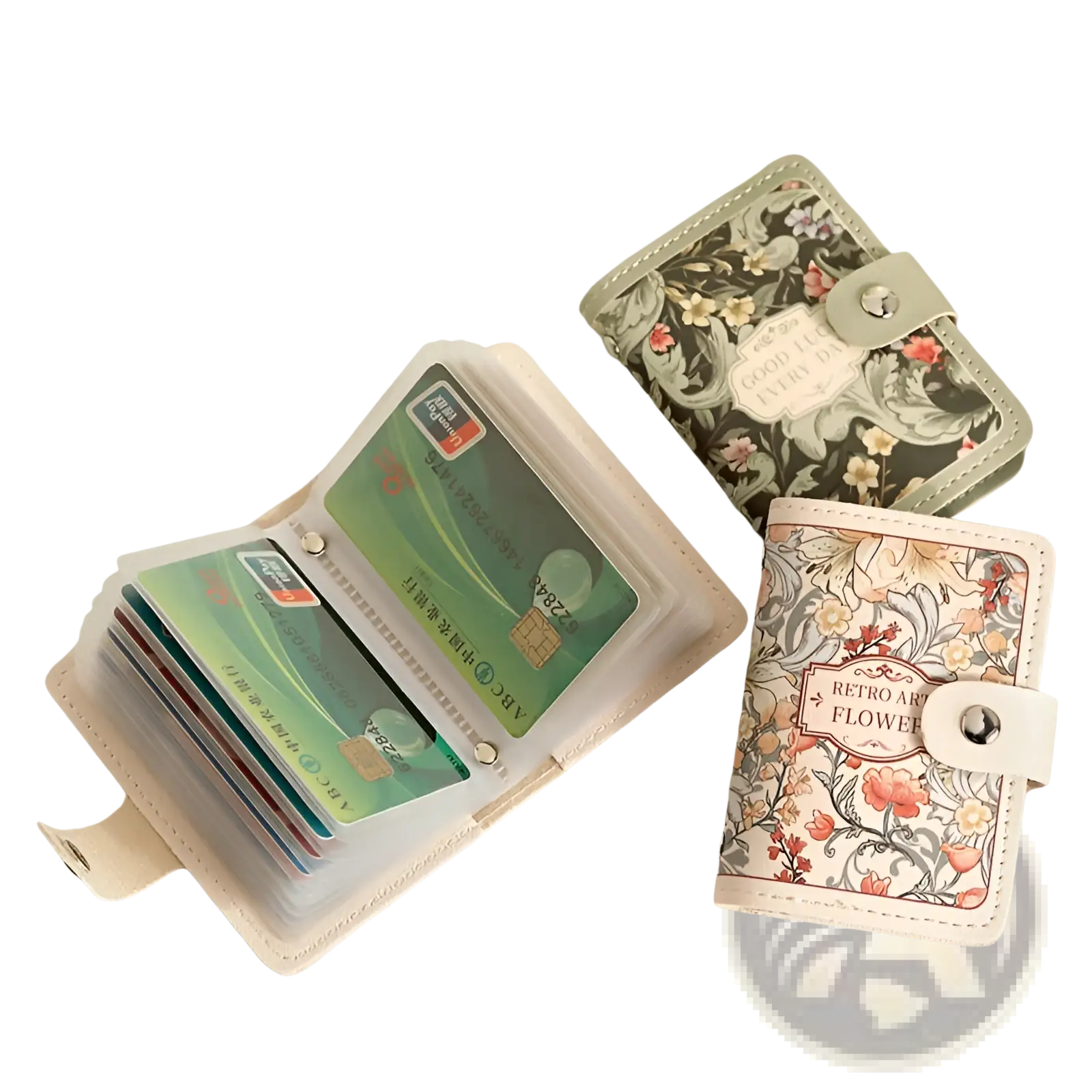 Two vintage floral leather card holder wallets with green cream and beige orange patterns featuring metallic snaps