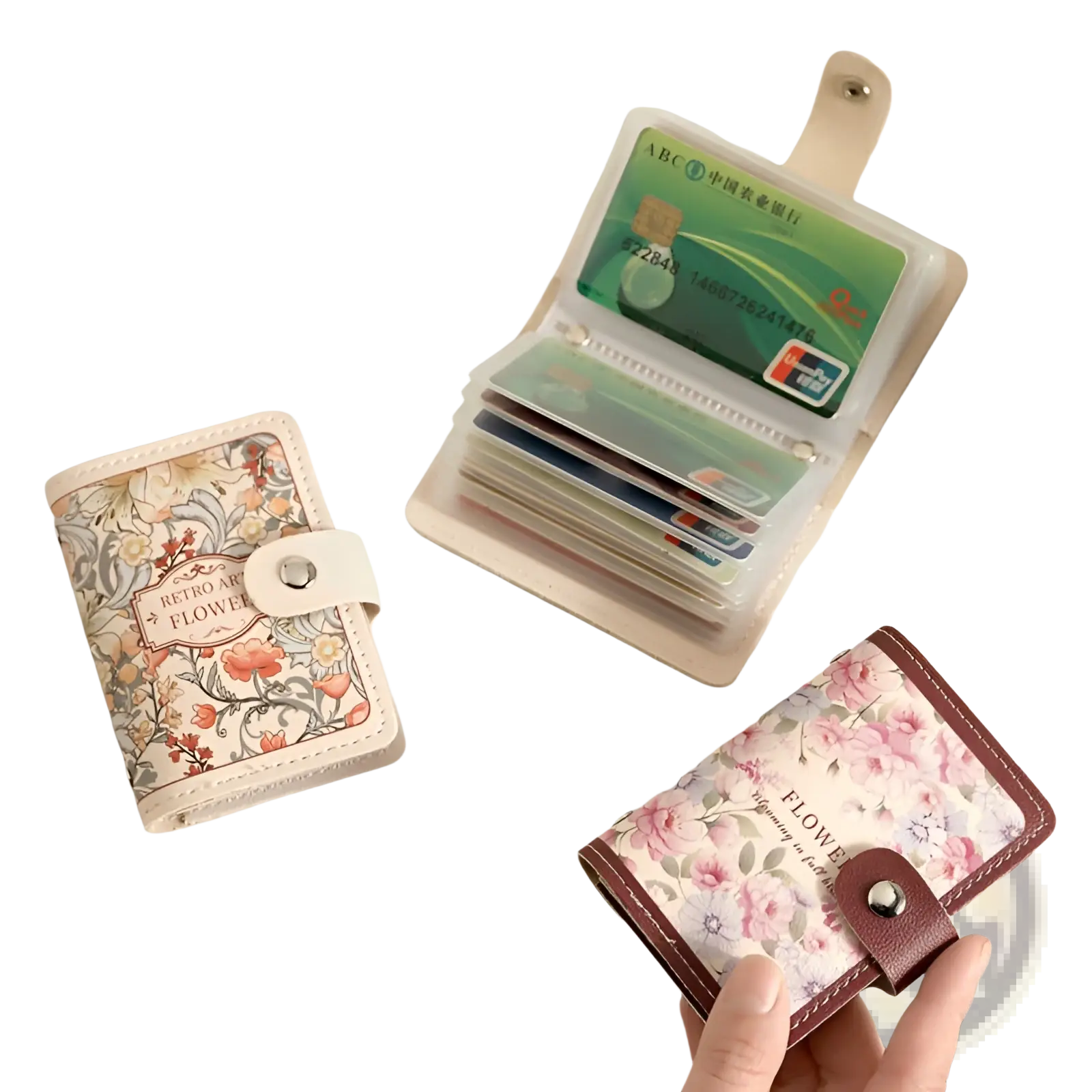 Vintage floral leather card holder wallet cream mini with floral pattern brown leather trim and silver snap closure