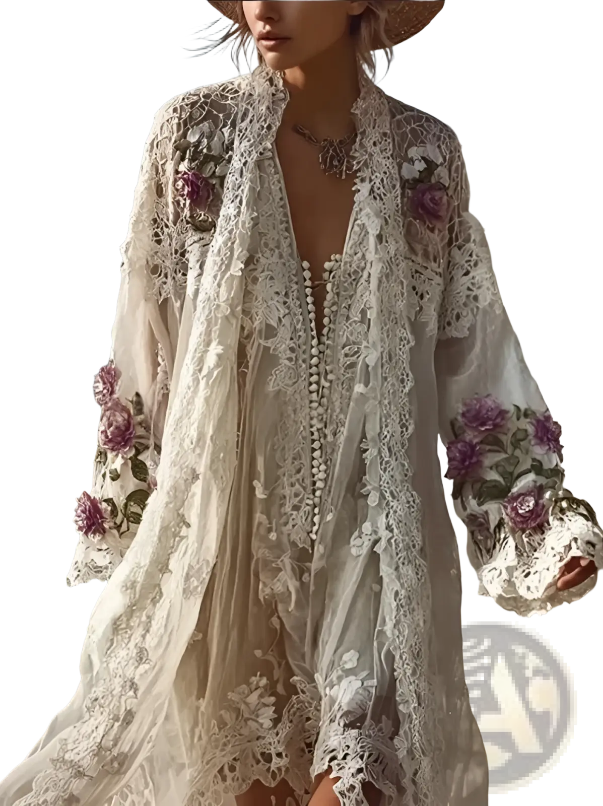A flowing off-white lace kimono-style dress with floral embroidery and beaded detailing in soft purple and green hues