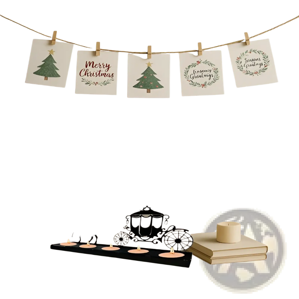 Black metal Christmas carriage candle holder with four lit candles and decorative horse silhouette wall decor