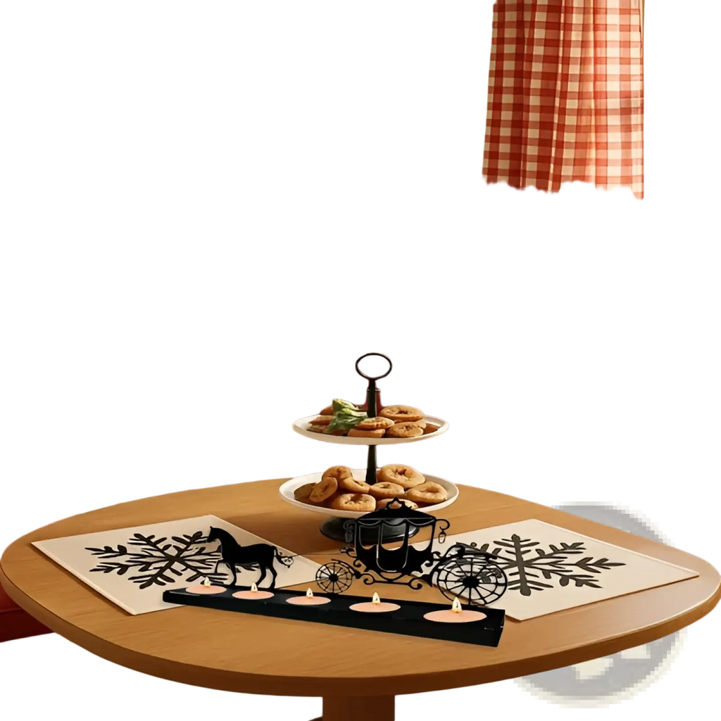 Black metal carriage-shaped candle holder with four lit candles vintage floral metal wall art horse carriage decor