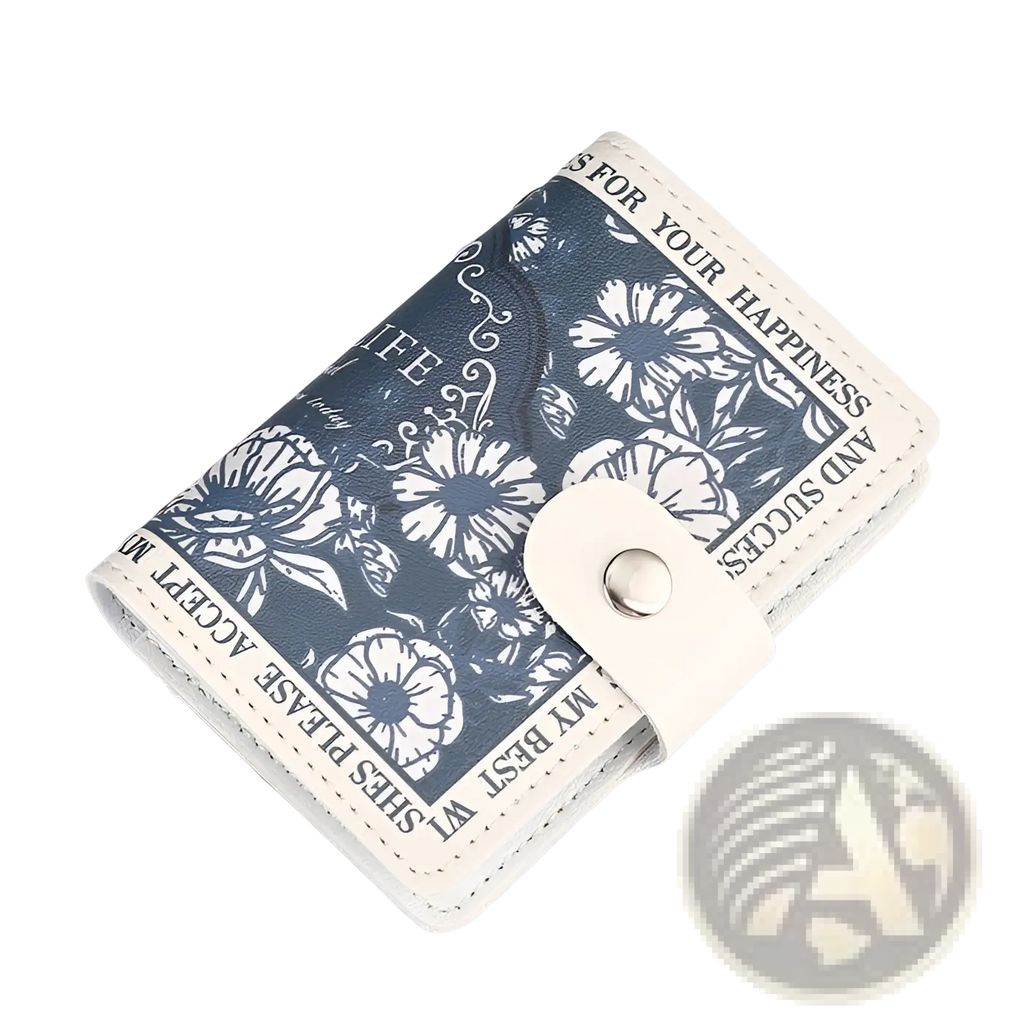 Navy blue floral vintage pu leather wallet with white stitching and silver snap closure for multi slot card holder