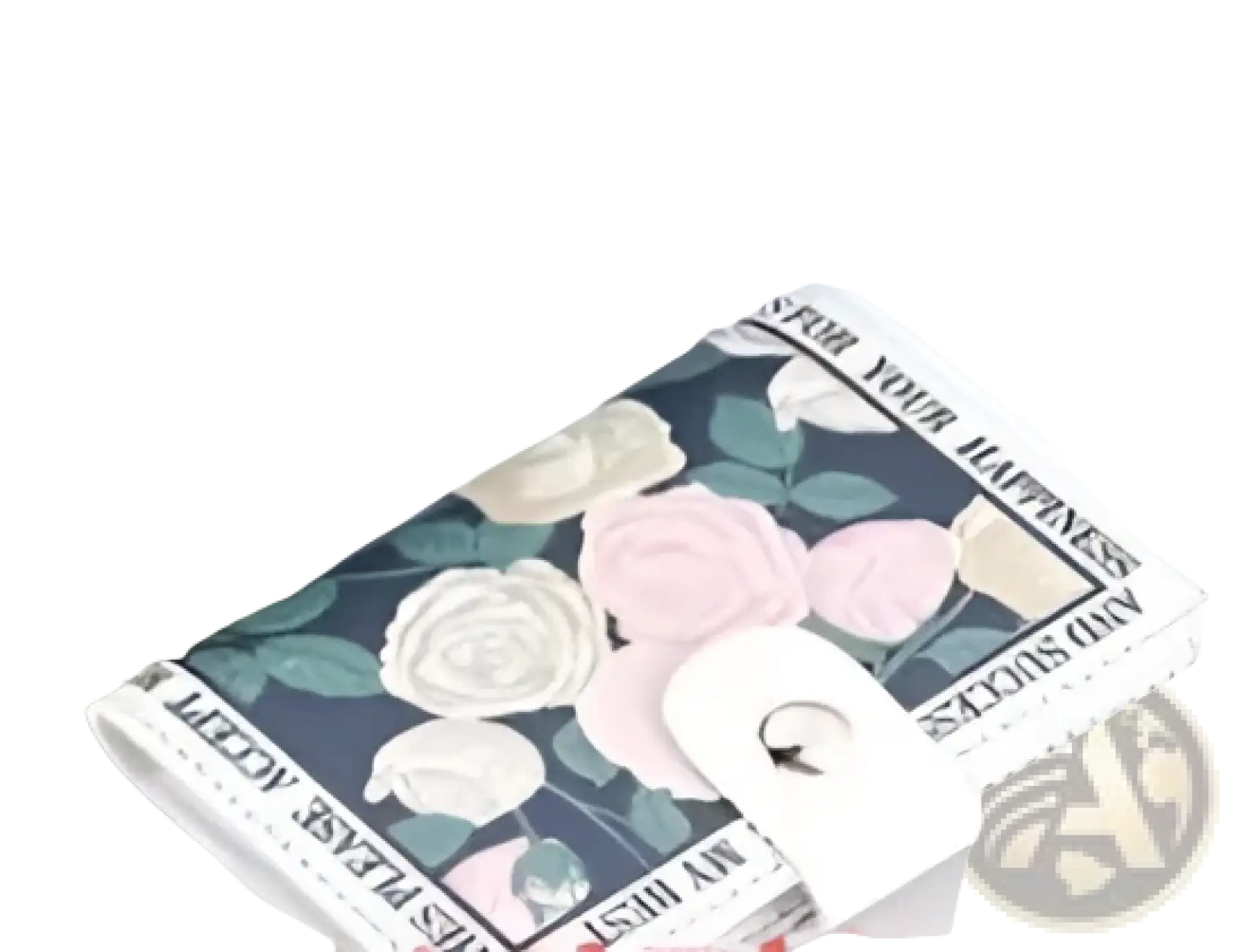 A navy blue vintage floral PU leather multi slot card holder wallet with pink white roses and gold lettering accents