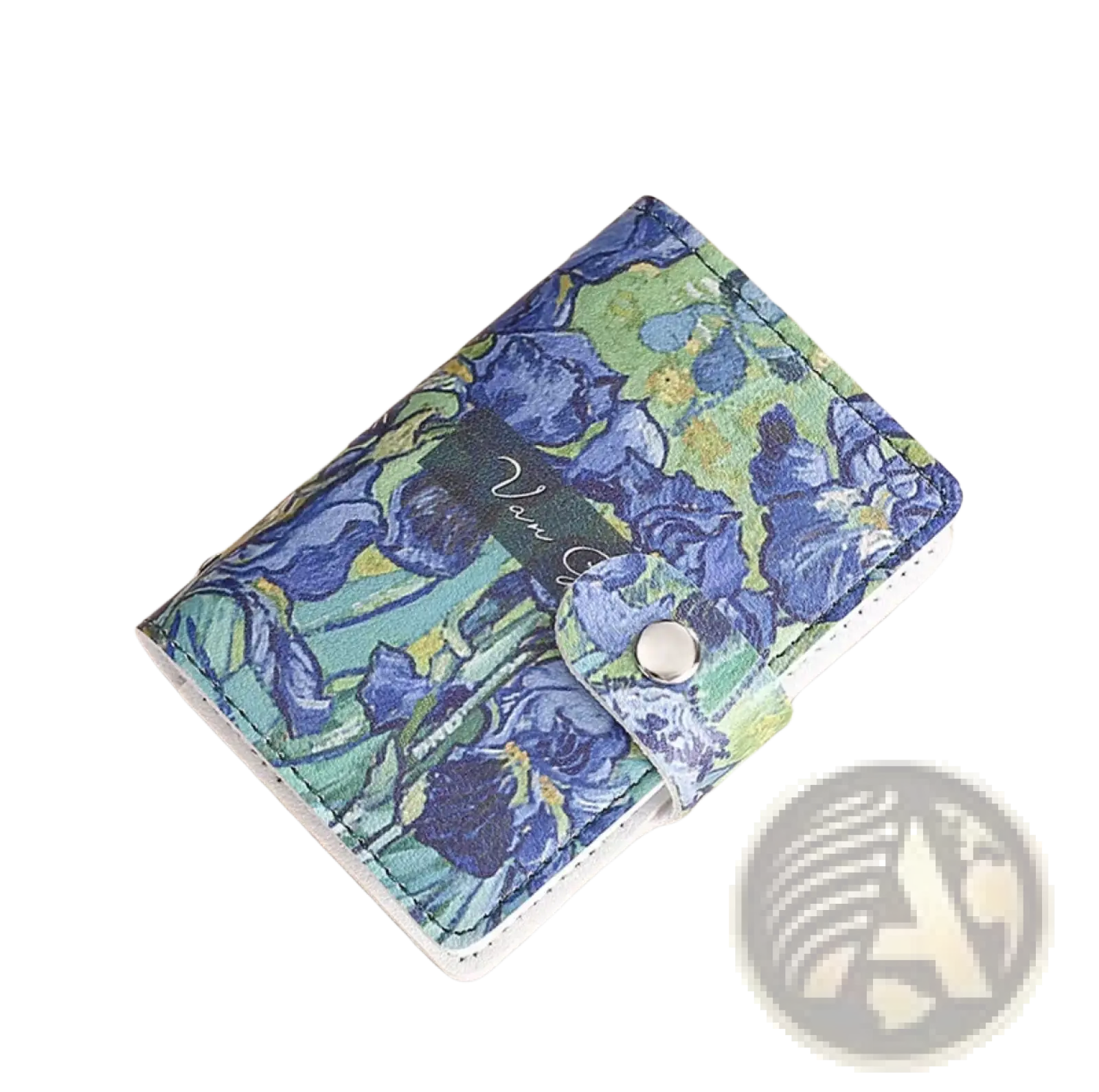 Vintage floral pu leather multi slot card holder wallet with blue and green van gogh inspired iris pattern and silver snap closure