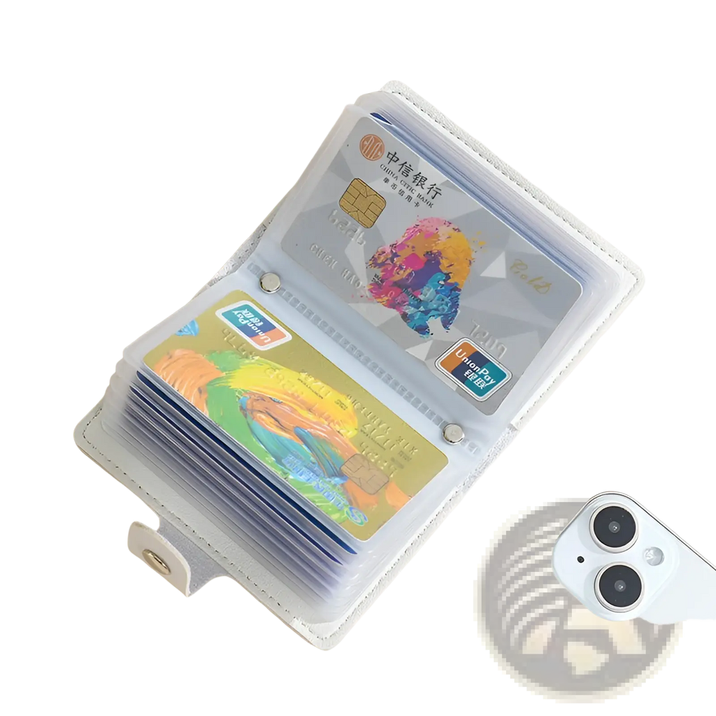 Transparent plastic vintage floral pu leather card holder with white trim and silver clasps for multiple credit cards
