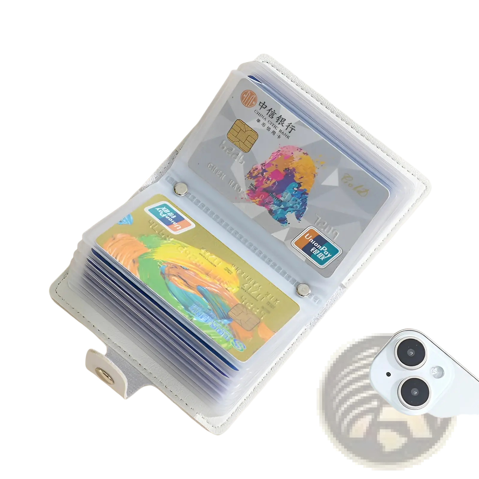 Transparent plastic vintage floral pu leather card holder with white trim and silver clasps for multiple credit cards