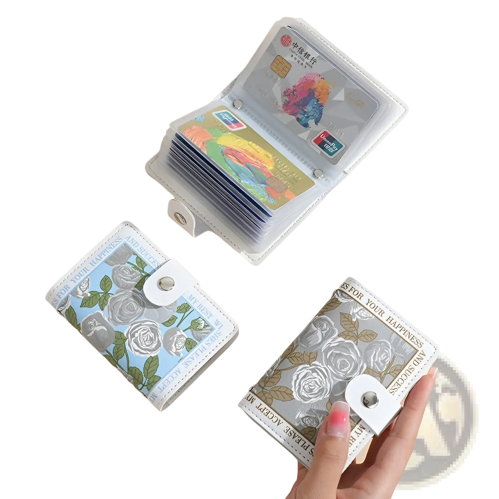 A white vintage floral PU leather multi slot card holder wallet with silver rose pattern and for your happiness phrase