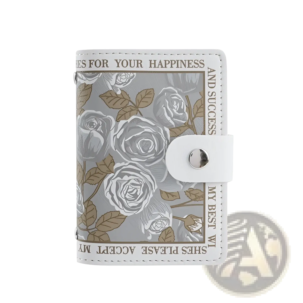 Vintage floral pu leather multi slot card holder wallet in gray and white with floral pattern and silver snap closure
