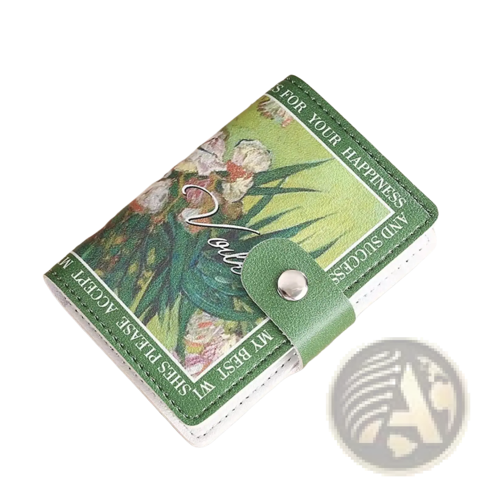 Vintage floral pu leather multi slot card holder wallet in green and white floral pattern with metallic snap closure