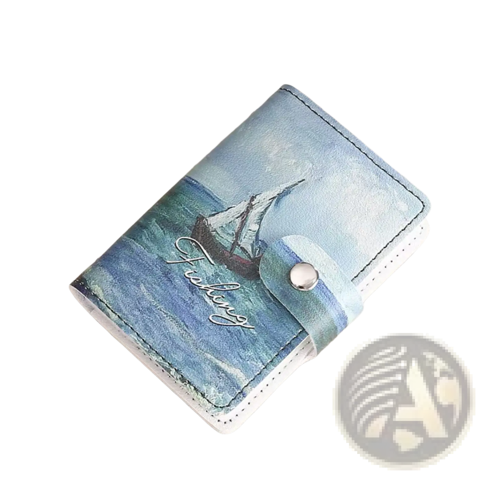 A light blue vintage floral pu leather card holder with a painted sailboat fishing design and silver snap button
